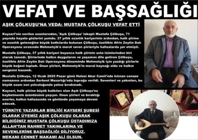İNNA LİLLAHİ VE İNNA İLEYHİ RACİUN. AŞIK ÇÖLKUŞU'NA VEDA: MUSTAFA ÇÖLKUŞU VEFAT ETTİ slide image